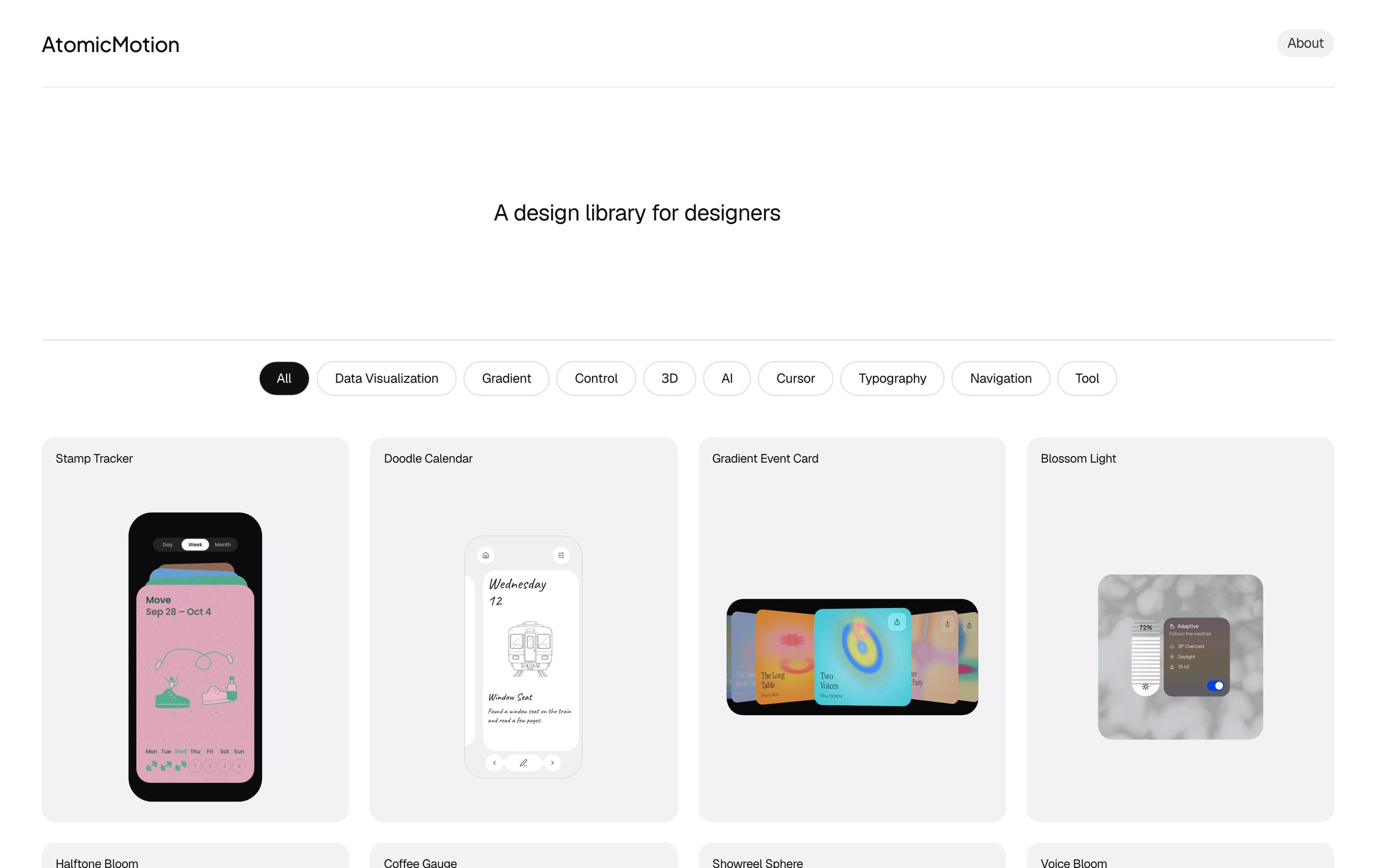 The AtomicMotion home page: a headline, category filters and a grid of component cards